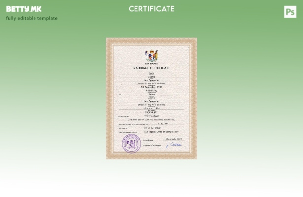 модерен стил шаблон за PSD сертификат за брак од Нов Зеланд